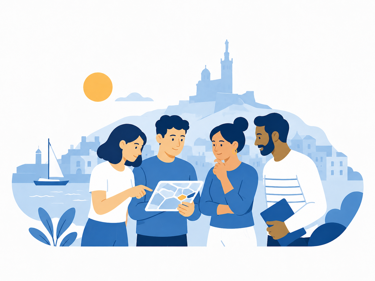 Un groupe d'habitants qui échange autour d'une carte de Marseille